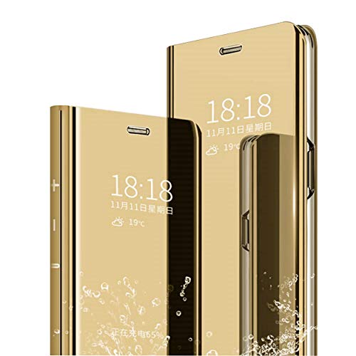 MLOTECH Kompatibel Xiaomi Pocophone F1 hülle, Handyhülle + Panzerglas schutzfolie Flip Transluzent View Miroir case Anti-Schock Spiegel Standfunktion 360°Smart Cover -Gold von MLOTECH