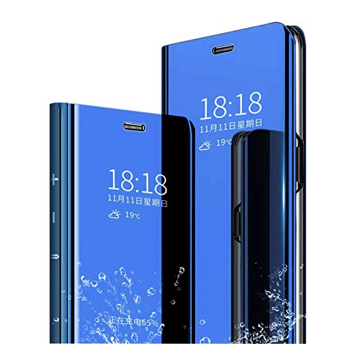 MLOTECH Kompatibel mit Samsung A20e Hülle,Cover + Gehärtetes Glas schutzfolie Flip Transluzent View Miroir Handyhülle Anti-Schock Spiegel Standfunktion Schutzhülle Himmelblau von MLOTECH