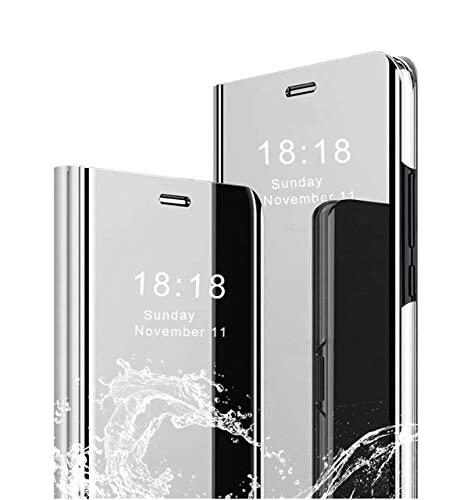 MLOTECH Schutzhülle für Samsung A71, inkl. Displayschutzfolie aus Hartglas, Flip Clear View, transparent, Spiegel, 360 °, stoßfest, Smart Cover, Bumper silberfarben von MLOTECH