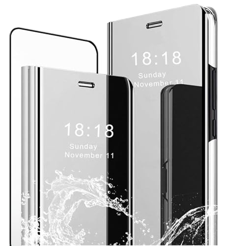 MLOTECH Schutzhülle für Samsung A71, Schutzhülle + Hartglas, Displayschutzfolie, Flip Clear View transparent, Spiegel, Standing 360 °, stoßfest, Smart Cover, Bumper, Silber von MLOTECH