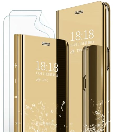 MLOTECH Schutzhülle für Samsung S8 Flip Clear View transparent Spiegel Cover + Hartglas Displayschutzfolie Standing 360° Schutzhülle Stoßfest Smart Cover Bumper Golden von MLOTECH