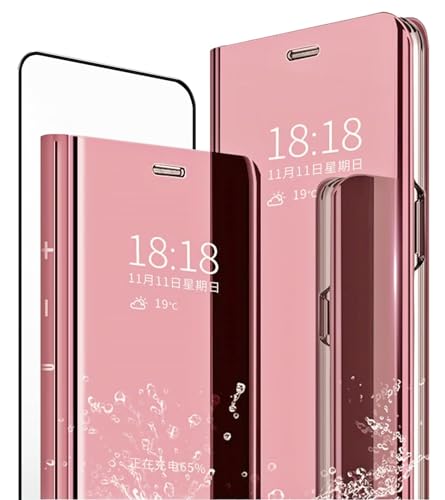 MLOTECH Schutzhülle kompatibel mit Samsung A51, Hülle + gehärtetes Glas, Flip Clear View, transparent, Standing Cover, Slim Fit, Anti-Shock, Anti-Kratzer, Spiegel, Abdeckung Roségold von MLOTECH