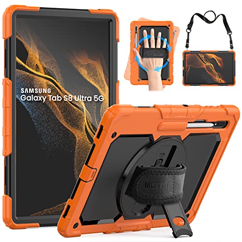 MLZYUE Full Body Schutzhülle für Samsung Galaxy Tab S8 Ultra 14,6 Zoll, 3-lagige, robuste Militärqualität, stoßfeste Hülle für Tab S8 Ultra mit 360° Drehgriff, S-Pen Halter, Schultergurt, Orange von MLZYUE