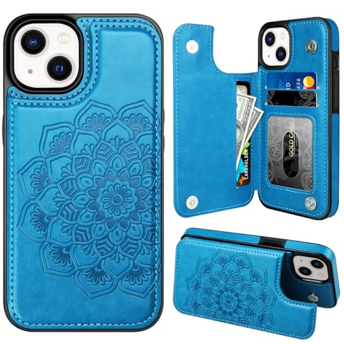 MMHUO Schutzhülle für iPhone 13 mit Kartenhalter, Blume, magnetische Rückseite, Klapphülle für iPhone 13, Brieftaschen-Schutzhülle für iPhone 13, Blau von MMHUO