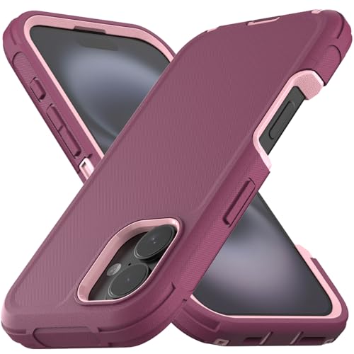 MMHUO Schutzhülle für iPhone 16, 3-lagig, Rundumschutz in Militärqualität, ohne Displayschutzfolie, staubdichter Anschlussschutz, stoßfest, robust, rutschfest, Hartschale für iPhone 16, Violett/Rosa von MMHUO