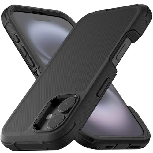 MMHUO Schutzhülle für iPhone 16, 3-lagig, Rundumschutz in Militärqualität, ohne Displayschutzfolie, staubdichter Anschlussschutz, stoßfest, robust, rutschfest, Schwarz von MMHUO