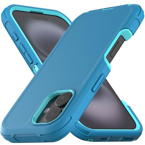 MMHUO Schutzhülle für iPhone 16, 3-lagig, militärischer Schutz, [ohne Displayschutzfolie] [staubdichter Anschlussschutz] Stoßfeste, robuste, rutschfeste Hartschale für iPhone 16, Türkis von MMHUO