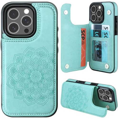 MMHUO Schutzhülle für iPhone 16 Pro mit Kartenhalter, Blumen-Magnetverschluss, Klapphülle für iPhone 16 Pro, Brieftaschenhülle für Damen, Schutzhülle für iPhone 16 Pro (6,3 Zoll), Minzgrün von MMHUO