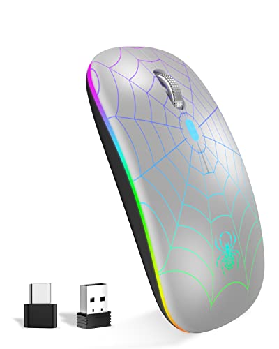 Kabellose Maus, LED-Maus, tragbar, mobil, optische schnurlose Maus mit USB- und Typ-C-Empfänger, 3 einstellbare DPI, kabellose Computermaus für Macbook, Laptop, Desktop, Windows, PC – Silber von MMK