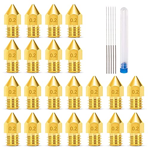 MMOBIEL 20 Stück Extruder für Druckerdüsen E3D, 0.2 mm, Messing, E3D V5-V6 3D für Filament 1,75 mm, inkl. 5 Reinigungsnadeln und Schraubenschlüssel von MMOBIEL