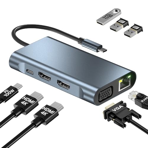MMOBIEL USB-C zu Dual HDMI Hub - 8-in-1 USB-Hub & 100W PD Adapter - Docking Station zu USB 3.0, 2x USB 2.0, 2x HDMI, VGA, PD und ETH - Triple Display für Laptops, Tablets, Smartphones etc. - Aluminium von MMOBIEL