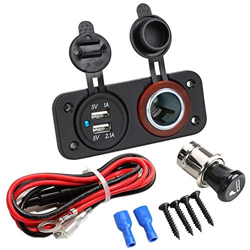 MMOBIEL Universal wasserdicht Steckdose 12V-24V Ausgabe 5V 2.1A + Zigarettenanzünder Anschlüsse und 2 USB Port mit LED Indikator für Boot Motorrad Rasenmäher Tracktor RV ATV Auto inkl Anschluss Set von MMOBIEL