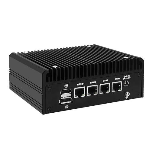 MNBOXCONET Mini PC Lüfterlos AMD Ryzen 5 5500U (6C/12T), Micro Firewall Desktop Computer Büro Win 11 Pro, DDR4 16GB RAM 128GB NVME SSD, 4 x i226V 2.5GbE LAN, USB C HD DP Triple Display von MNBOXCONET