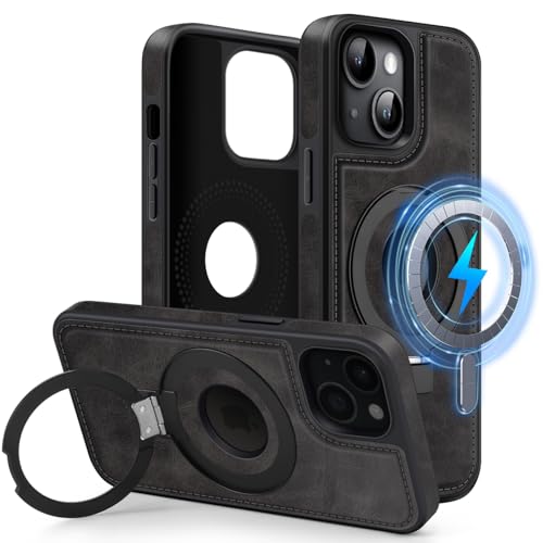 MOBESV Magnetisch Handyhülle mit Ständer [Logo View] für iPhone 13 6,1 Zoll, Lederhülle kompatibel mit MagSafe, Dünn Klassische Elegant Hülle, Schwarz von MOBESV