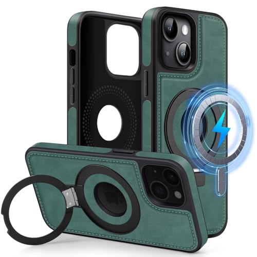 MOBESV Magnetisch Handyhülle mit Ständer [Logo View] für iPhone 14 6,1 Zoll, Lederhülle kompatibel mit MagSafe, Dünn Klassische Elegant Hülle, Grün von MOBESV