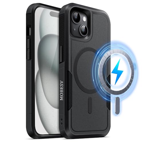 MOBESV Magnetisch Hülle für iPhone 15 6,1 Zoll, Handyhülle kompatibel mit MagSafe, Matte Stoßfeste Cover, Schwarz von MOBESV