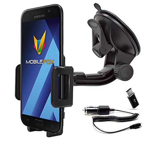 MOBILEFOX 360° KFZ Handy Saugnapf Halterung + Micro-USB Ladekabel + C Adapter Auto Windschutzscheiben Halter Set für Samsung Galaxy S23 S23+ Ultra S22 S21 S20 A3 A5 (2017) A6 A8 J6 Note 8 9 von MOBILEFOX