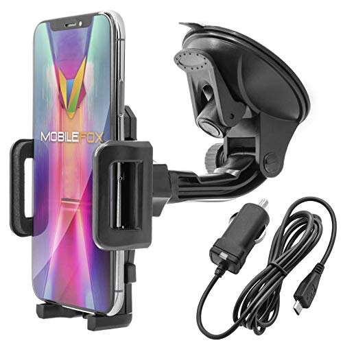 MOBILEFOX KFZ Set 360° Universal Handy Halterung Auto Halter für die Windschutzscheibe mit Micro USB Ladekabel kompatibel mit Samsung Galaxy Edge Plus Mini Active Note von MOBILEFOX