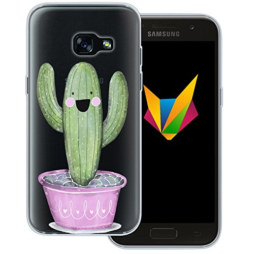MOBILEFOX dessana Kaktus transparente Silikon TPU Schutzhülle 0,7mm dünne Handyhülle Soft Case Cover für Samsung Galaxy A3 (2017) Happy Kaktus von MOBILEFOX