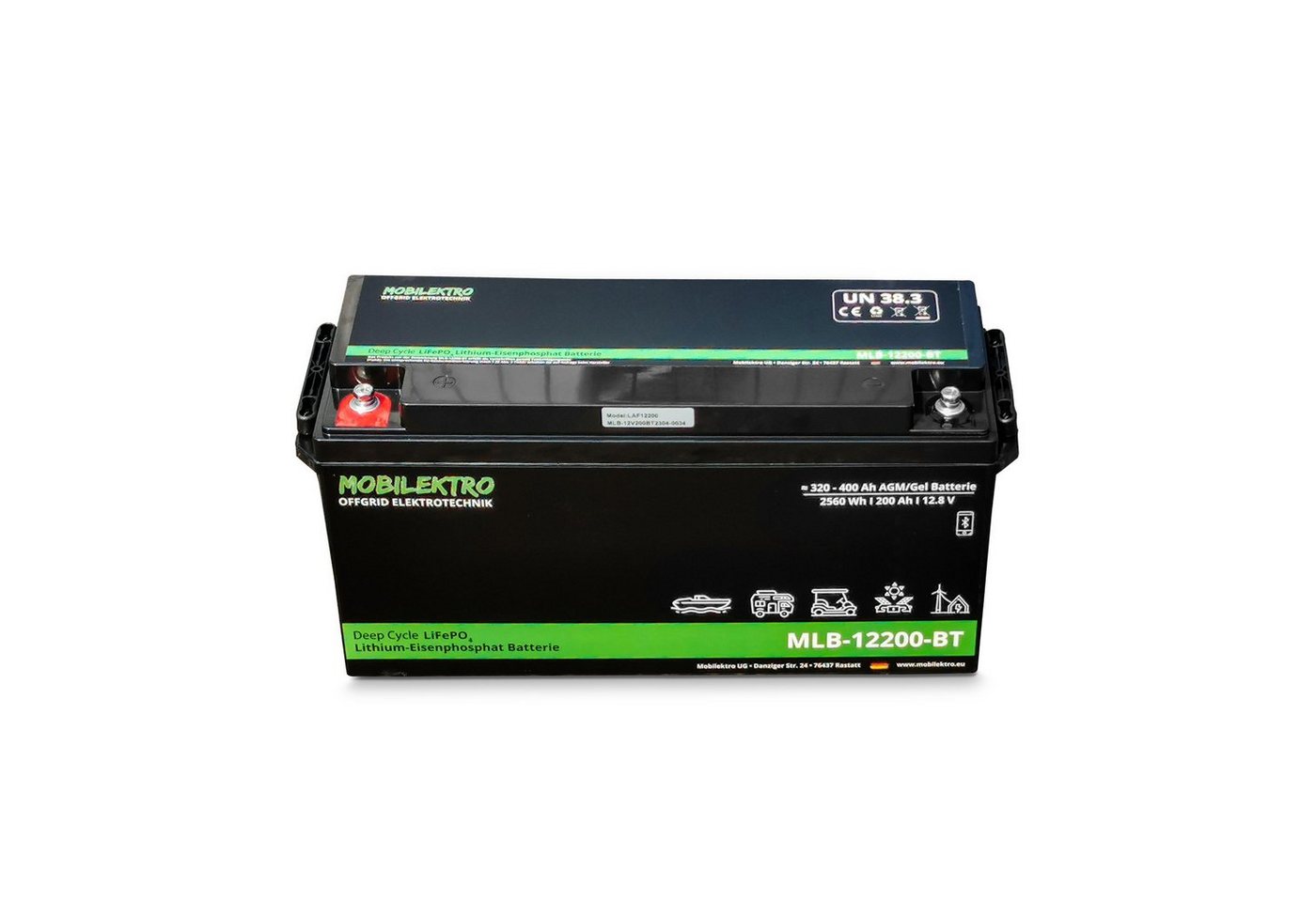 MOBILEKTRO MLB-12200-BT Batterie, (12V V), LiFePO4 200Ah, 2560Wh Versorgungsbatterie für Wohnmobil, Boot, Solar von MOBILEKTRO