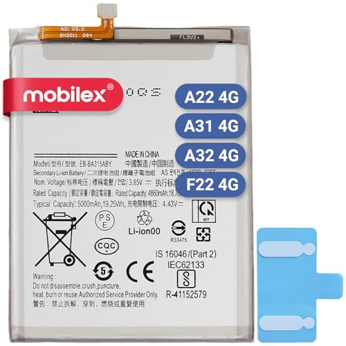 MOBILEX® Interner Akku für Samsung Galaxy A22 (4G) / A31 (4G) / A32 (4G) / F22 (4G) (EB-BA315ABY), Ersatzteil, 5000 mAh, OEM, Originalkapazität von MOBILEX