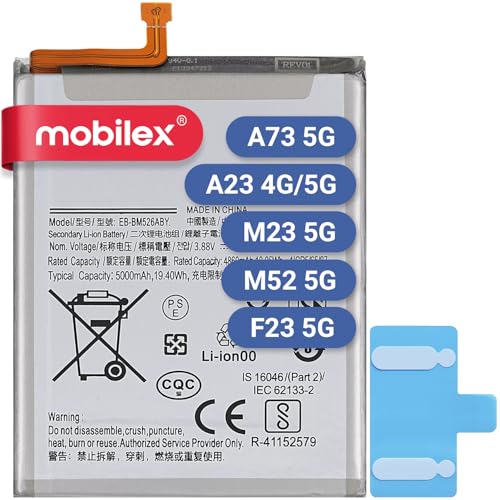 MOBILEX® Interner Akku für Samsung Galaxy A23 (4G / 5G) / A73 5G / M23 5G / M33 5G / M52 5G (EB-BM526ABS / EB-BM526ABY), Ersatzteil, 5000 mAh, OEM, Originalkapazität von MOBILEX
