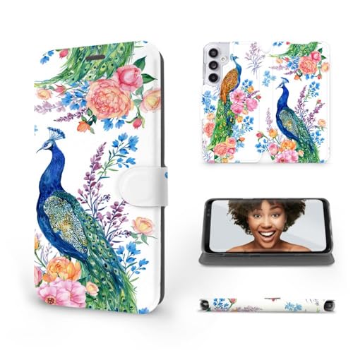 MOBIWEAR | Classic Slim FLIP Case | Kompatibel mit Samsung Galaxy A55 5G, Made in EU handyhülle, Premium Schutzhülle, Transparent TPU Silicon, Book Style Hülle, Tasche - Pfauen und Blumen von MOBIWEAR