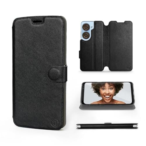 MOBIWEAR | Echt Lederhülle | Kompatibel mit ASUS Zenfone 10, Made in EU handyhülle, Slim Leather Case, Premium Flip Schutzhülle, Transparent TPU Silicon, Book Style, Tasche - Schwarzes Leder von MOBIWEAR