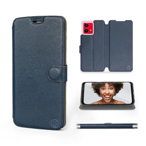 MOBIWEAR | Echt Lederhülle | Kompatibel mit Motorola Moto G84, Made in EU handyhülle, Slim Leather Case, Premium Flip Schutzhülle, Transparent TPU Silicon, Book Style, Tasche - Blue Leather von MOBIWEAR