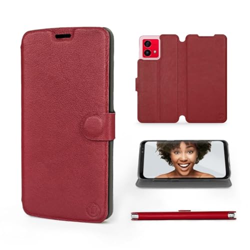 MOBIWEAR | Echt Lederhülle | Kompatibel mit Motorola Moto G84, Made in EU handyhülle, Slim Leather Case, Premium Flip Schutzhülle, Transparent TPU Silicon, Book Style, Tasche - Dark Red Leather von MOBIWEAR