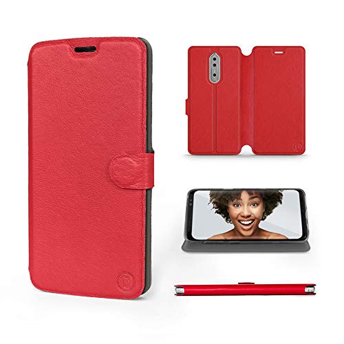 MOBIWEAR | Echt Lederhülle | Kompatibel mit Nokia 8, Made in EU handyhülle, Slim Leather Case, Premium Flip Schutzhülle, Transparent TPU Silicon, Book Style, Tasche - Rotes Leder von MOBIWEAR