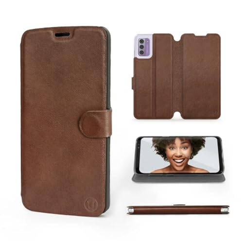 MOBIWEAR | Echt Lederhülle | Kompatibel mit Nokia G42, Made in EU handyhülle, Slim Leather Case, Premium Flip Schutzhülle, Transparent TPU Silicon, Book Style, Tasche - Braunes Leder von MOBIWEAR