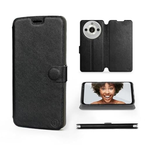 MOBIWEAR | Echt Lederhülle | Kompatibel mit Realme 11 Pro Plus, Made in EU handyhülle, Slim Leather Case, Premium Flip Schutzhülle, Transparent TPU Silicon, Book Style, Tasche - Schwarzes Leder von MOBIWEAR