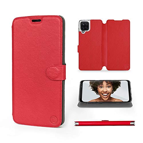 MOBIWEAR | Echt Lederhülle | Kompatibel mit Samsung Galaxy A12, Made in EU handyhülle, Slim Leather Case, Premium Flip Schutzhülle, Transparent TPU Silicon, Book Style, Tasche - Rotes Leder MOBIWEAR | Echt Lederhülle | Kompatibel mit Samsung Galaxy A12, Made in EU handyhülle, Slim Leather Case, Premium Flip Schutzhülle, Transparent TPU Silicon, Book Style, Tasche - Rotes Leder von MOBIWEAR