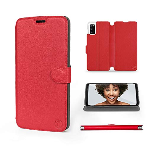 MOBIWEAR | Echt Lederhülle | Kompatibel mit Samsung Galaxy A41, Made in EU handyhülle, Slim Leather Case, Premium Flip Schutzhülle, Transparent TPU Silicon, Book Style, Tasche - Rotes Leder von MOBIWEAR