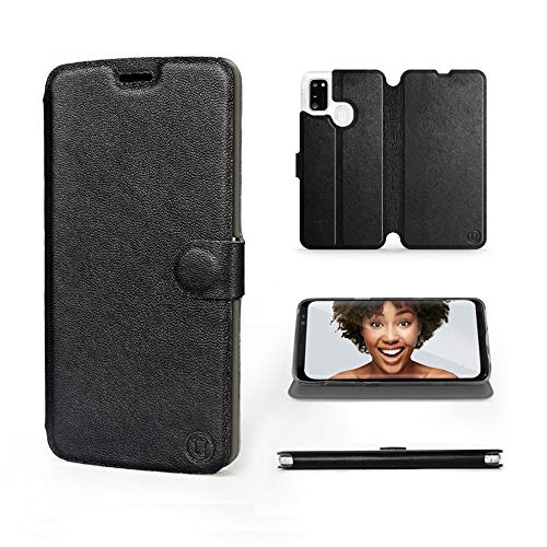 MOBIWEAR | Echt Lederhülle | Kompatibel mit Samsung Galaxy M31, Made in EU handyhülle, Slim Leather Case, Premium Flip Schutzhülle, Transparent TPU Silicon, Book Style, Tasche - Schwarzes Leder von MOBIWEAR