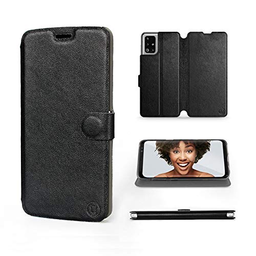 MOBIWEAR | Echt Lederhülle | Kompatibel mit Samsung Galaxy M51, Made in EU handyhülle, Slim Leather Case, Premium Flip Schutzhülle, Transparent TPU Silicon, Book Style, Tasche - Schwarzes Leder von MOBIWEAR