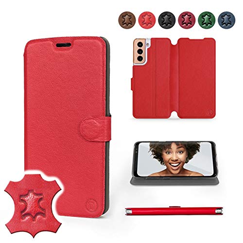 MOBIWEAR | Echt Lederhülle | Kompatibel mit Samsung Galaxy S21, Made in EU handyhülle, Slim Leather Case, Premium Flip Schutzhülle, Transparent TPU Silicon, Book Style, Tasche - Rotes Leder von MOBIWEAR