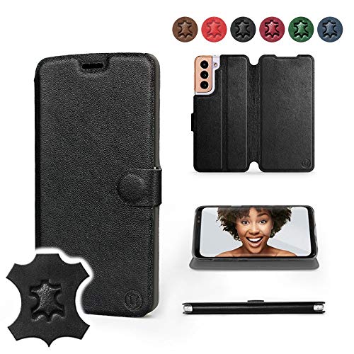 MOBIWEAR | Echt Lederhülle | Kompatibel mit Samsung Galaxy S21, Made in EU handyhülle, Slim Leather Case, Premium Flip Schutzhülle, Transparent TPU Silicon, Book Style, Tasche - Schwarzes Leder von MOBIWEAR