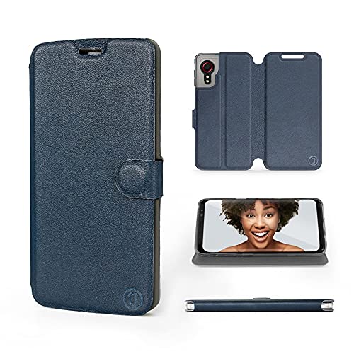 MOBIWEAR | Echt Lederhülle | Kompatibel mit Samsung Galaxy Xcover 5, Made in EU handyhülle, Slim Leather Case, Premium Flip Schutzhülle, Transparent TPU Silicon, Book Style, Tasche - Blaues Leder von MOBIWEAR