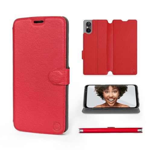 MOBIWEAR | Echt Lederhülle | Kompatibel mit Sony Xperia 5 V, Made in EU handyhülle, Slim Leather Case, Premium Flip Schutzhülle, Transparent TPU Silicon, Book Style, Tasche - Red Leather von MOBIWEAR