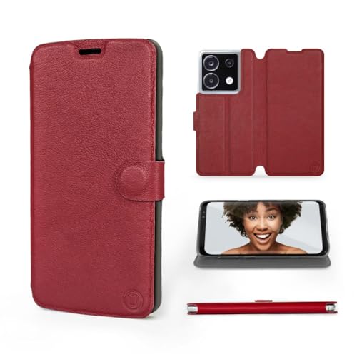 MOBIWEAR | Echt Lederhülle | Kompatibel mit Xiaomi Poco X6, Made in EU handyhülle, Slim Leather Case, Premium Flip Schutzhülle, Transparent TPU Silicon, Book Style, Tasche - Dark Red Leather von MOBIWEAR