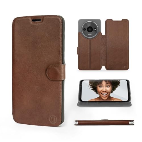 MOBIWEAR | Echt Lederhülle | Kompatibel mit Xiaomi Redmi A3, Made in EU handyhülle, Slim Leather Case, Premium Flip Schutzhülle, Transparent TPU Silicon, Book Style, Tasche - Brown Leather von MOBIWEAR