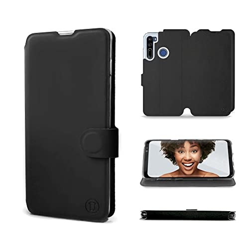 MOBIWEAR | Soft Touch CASE | Kompatibel mit HTC Desire 20 Pro, Made in EU handyhülle [Premium Schutzhülle] Transparent TPU Silicon [Book Style Hülle] Tasche - Satinschwarz mit schwarzem Mitte von MOBIWEAR