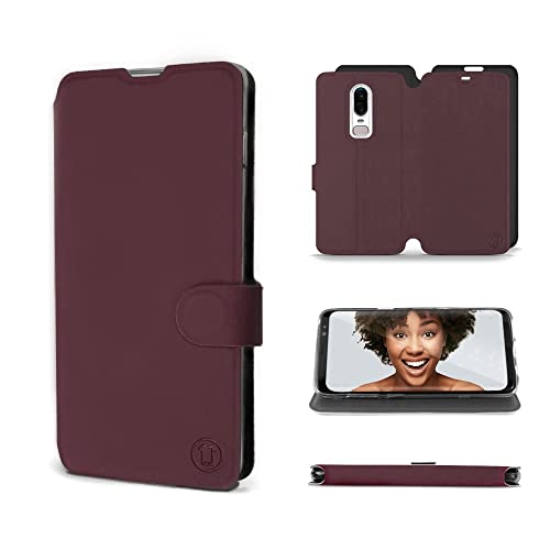 MOBIWEAR | Soft Touch CASE | Kompatibel mit OnePlus 6 A6000, Made in EU handyhülle [Premium Schutzhülle] Transparent TPU Silicon [Book Style Hülle] Tasche - Mattes Bordeaux mit schwarzem Mitte von MOBIWEAR
