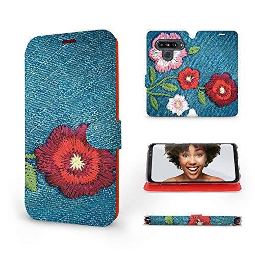 MOBIWEAR | Slim FLIP Case | Kompatibel mit LG G8s ThinQ, Made in EU handyhülle, Premium Schutzhülle, Transparent TPU Silicon, Book Style Hülle, Tasche - Gestickte Blumen von MOBIWEAR