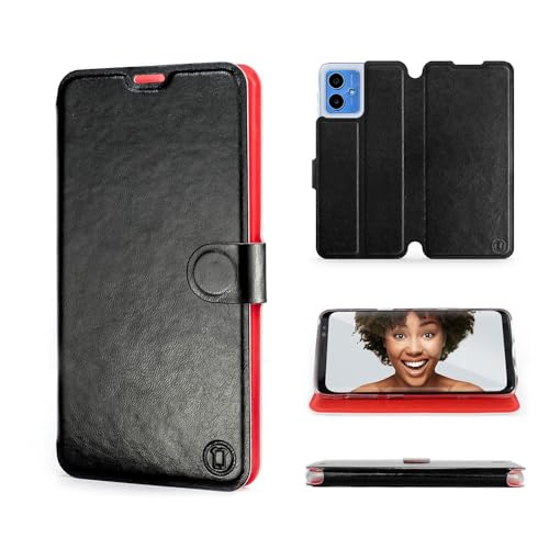 MOBIWEAR | Slim FLIP Case | Kompatibel mit Motorola Moto G14, Made in EU handyhülle, Premium Schutzhülle, Transparent TPU Silicon, Book Style Hülle, Tasche - Black&Orange von MOBIWEAR