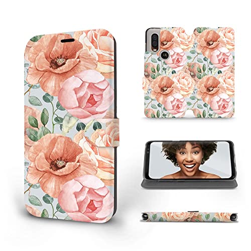 MOBIWEAR | Slim FLIP Case | Kompatibel mit Motorola One Vision, Made in EU handyhülle, Premium Schutzhülle, Transparent TPU Silicon, Book Style Hülle, Tasche - Poppy und Peony von MOBIWEAR