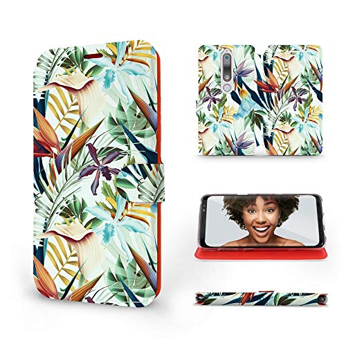 MOBIWEAR | Slim FLIP Case | Kompatibel mit Nokia 6.1, Made in EU handyhülle, Premium Schutzhülle, Transparent TPU Silicon, Book Style Hülle, Tasche - Tropische Blumen von MOBIWEAR