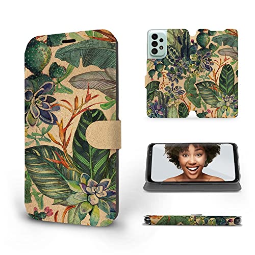 MOBIWEAR | Slim FLIP Case | Kompatibel mit Samsung Galaxy A33 5G, Made in EU handyhülle, Premium Schutzhülle, Transparent TPU Silicon, Book Style Hülle, Tasche - Tropische Blätter mit Sukkulenten von MOBIWEAR